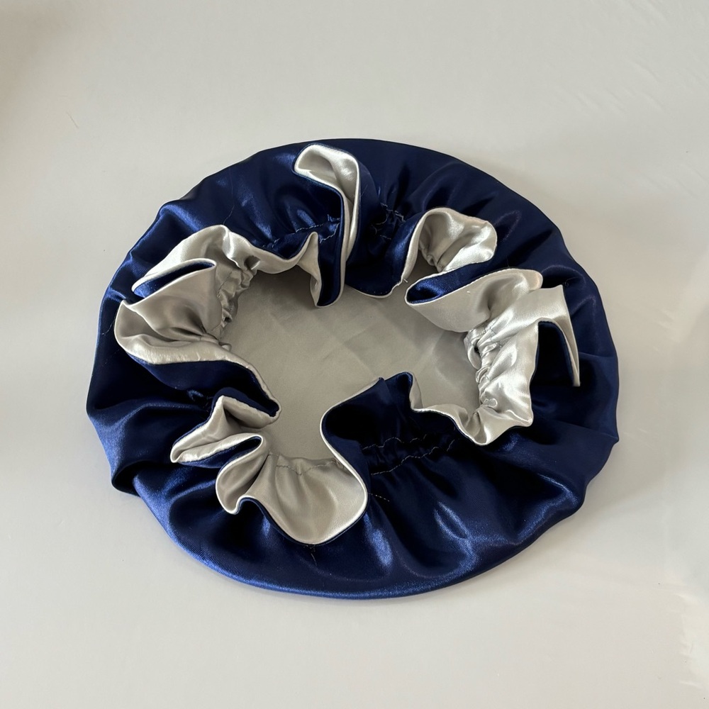 Reversible Satin Sleep Bonnet – Navy Blue & Silver – Extra Large, Elastic Fit - Picture 8 of 16